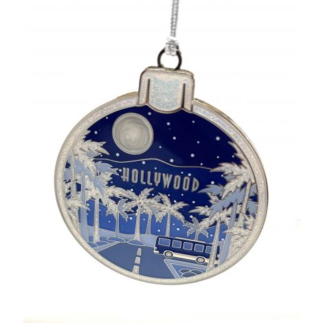  Chrome and Blue Hollywood Palm Tree and Bus Christmas Ornament